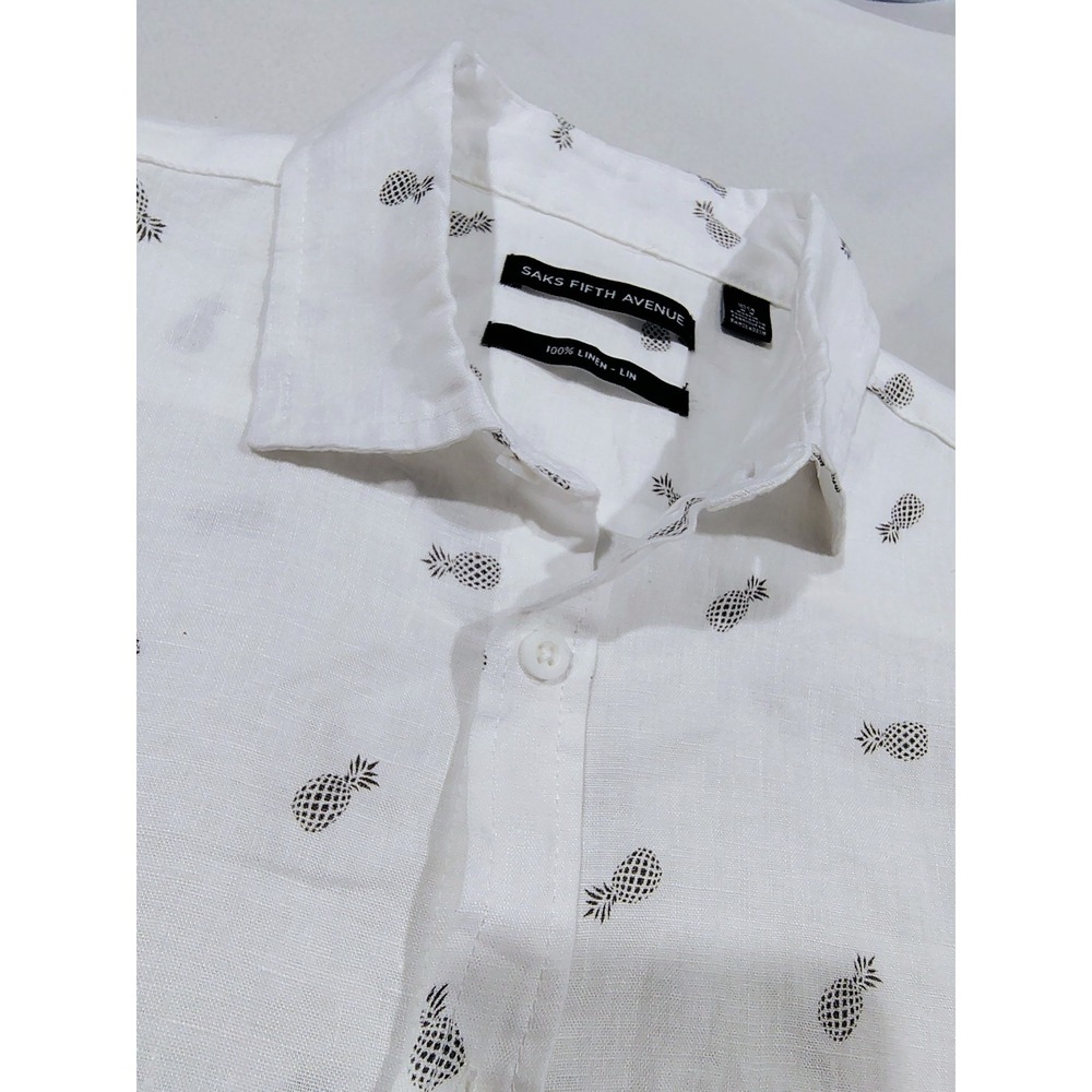 Saks Fifth Avenue Linen Shirt Mens Pineapple Print  Medium White NWT Casual M - Picture 4 of 11